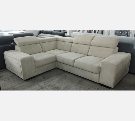 1A2KB Canapé d'angle Karola convertible en tissu beige, têtières amovibles.
