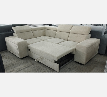 1A2KB Canapé d'angle Karola convertible en tissu beige, têtières amovibles.