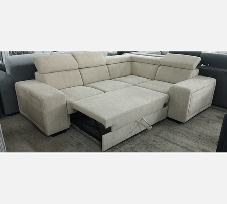 2A1KB Canapé d'angle Karola convertible en tissu beige, têtières amovibles.