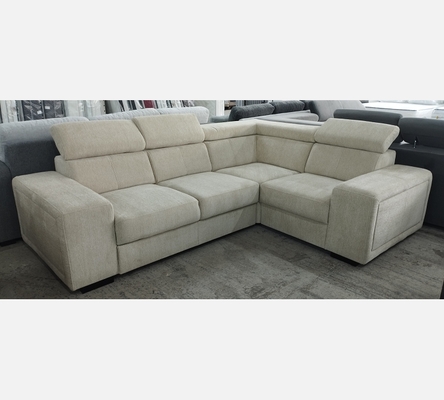 2A1KB Canapé d'angle Karola convertible en tissu beige, têtières amovibles.
