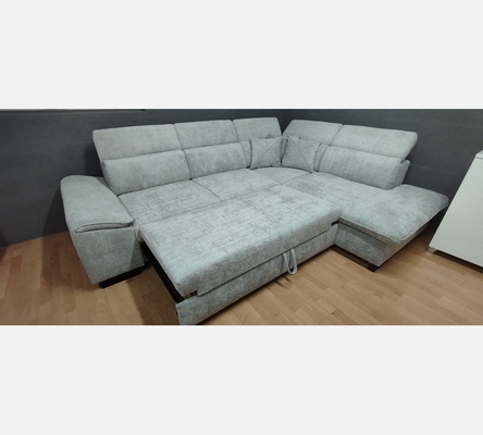 2M.Crem81. Canapé d'angle Bangkok convertible, coffre, tissu gris clair.