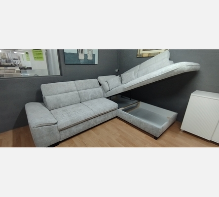 2M.Crem81. Canapé d'angle Bangkok convertible, coffre, tissu gris clair.