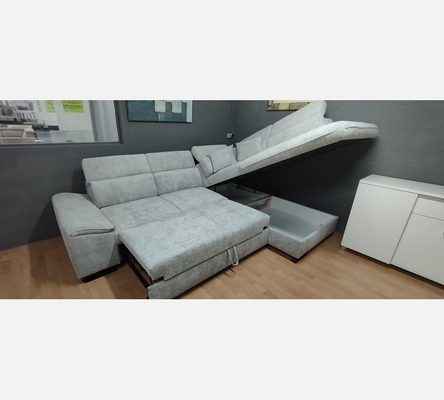 2M.Crem81. Canapé d'angle Bangkok convertible, coffre, tissu gris clair.