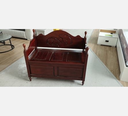 Banc coffre à jouet en acajou massif, décor lapins.
