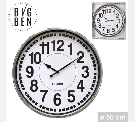 'BIG BEN' HORLOGE MURALE BORD CHROME FOND BLANC DIAMETRE 50CM