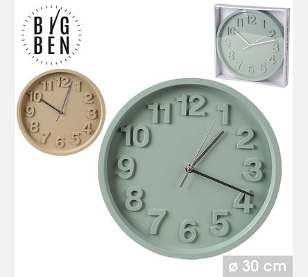 'BIG BEN' HORLOGE MURALE D30CM 2 COULEURS ASSORTIES VERT SAUGE ET MOCHA