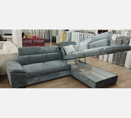Canapé d'angle Bangkok non convertible, coffre, tissu gris foncé. Modèle d'expo