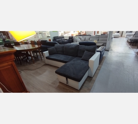 Canapé d'angle en tissu gris et pvc blanc avec coffre et convertible.