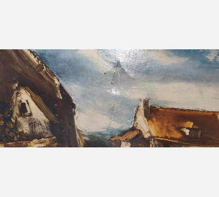 Chaumière au bord du chemin Vlaminck. Tableau troué