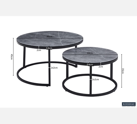 Duo de tables basses rondes Boston dessus verre décor gris pierre.