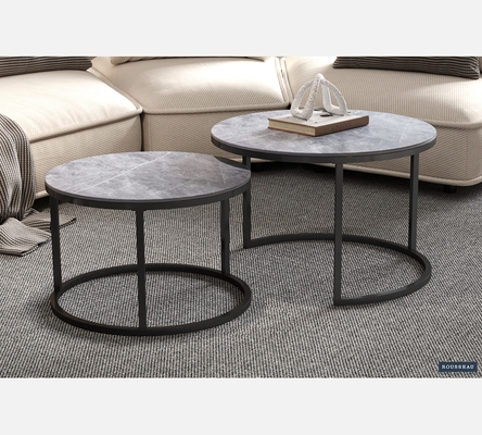 Duo de tables basses rondes Boston dessus verre décor gris pierre.