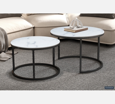 Duo de tables basses rondes Boston dessus verre décor marbre blanc.