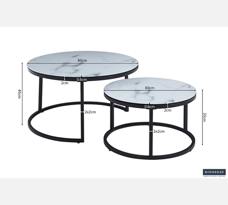 Duo de tables basses rondes Boston dessus verre décor marbre blanc.