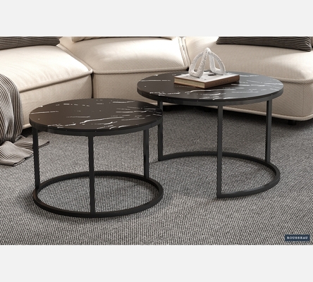 Duo de tables basses rondes Boston dessus verre décor marbre noir.