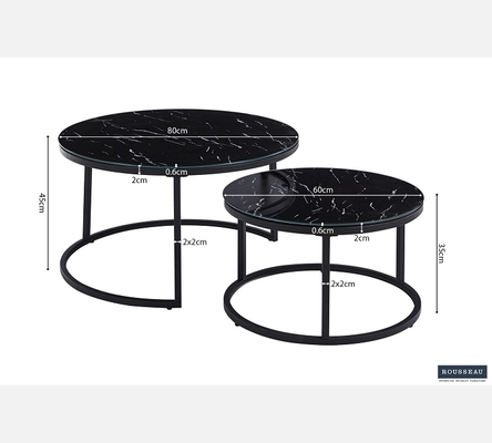 Duo de tables basses rondes Boston dessus verre décor marbre noir.