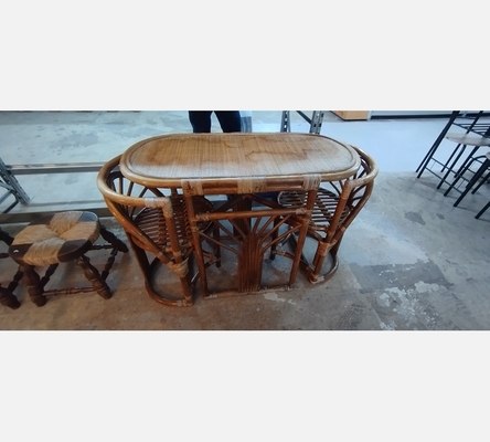 Ensemble en rotin table avec 2 fauteuils vintage 1980.