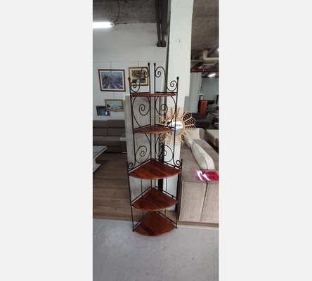 Etagère d'angle en fer forgé et bois