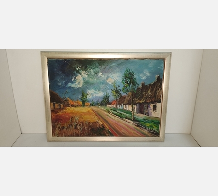 Grande peinture de route dans un village signée Raoul