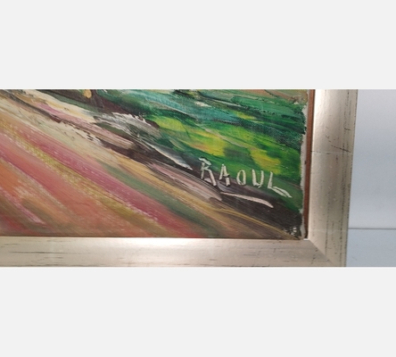 Grande peinture de route dans un village signée Raoul