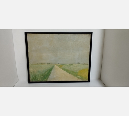 Grande peinture d'un chemin dans les champs signée Hievers