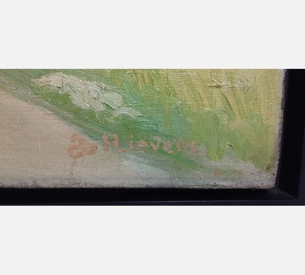 Grande peinture d'un chemin dans les champs signée Hievers