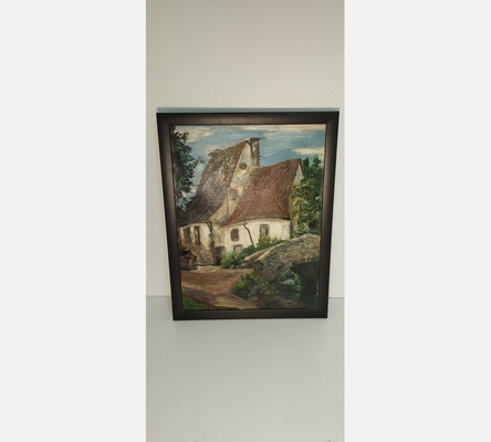 Grande peinture d'une chaumière au bout d'un chemin, signée.