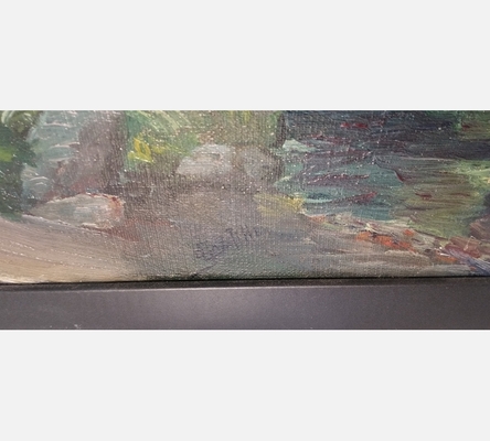 Grande peinture d'une chaumière au bout d'un chemin, signée.