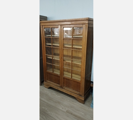 Grande vitrine vintage en bois brut, 2 portes
