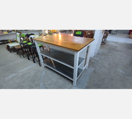 Ilot de cuisine Ikea blanc avec plan de travail en bois massif.
