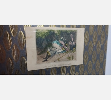 Image érotique ancienne 'Quel beau plumet. Quelle belle canne' dans cadre noir.