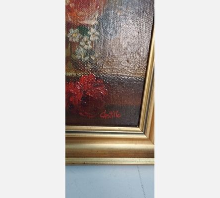 Jolie nature morte de bouquet signée Castillo dans cadre doré.
