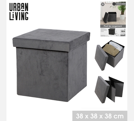 KUBE 'VELOURS COTELE' POUF DE RANGEMENT PLIABLE GRIS 37,5XH37,5CM