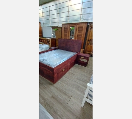 Lit en bois teinte acajou avec 5 tiroirs, sommier tapissier 140/190 cm,2 chevets