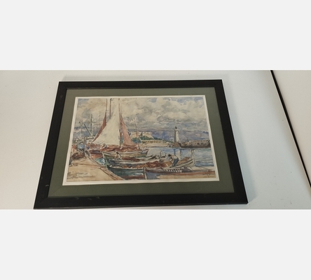 Litho de vieux gréements à Antibes, signée Jean François