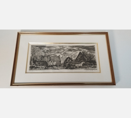 Litho numérotée d'un cheval au galop devant des maisons, signée André Breton