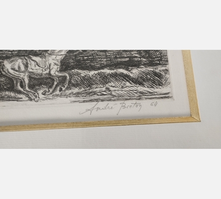 Litho numérotée d'un cheval au galop devant des maisons, signée André Breton