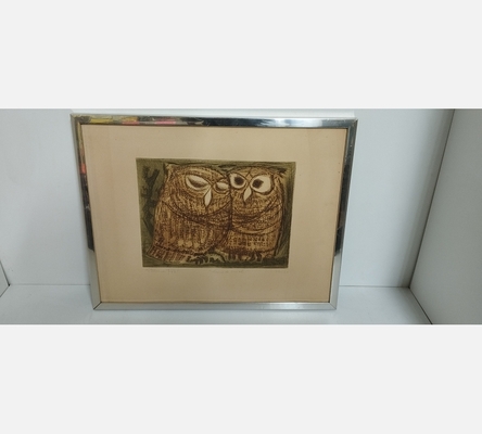 Lithographie 34/100 couple de chouettes 'Lune de miel' par Etienne Ret.