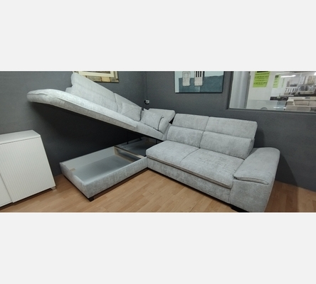 M2.Crem81. Canapé d'angle Bangkok convertible, coffre, tissu gris clair.