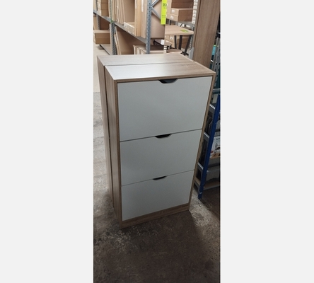 Meuble à chaussures blanc et chêne, 3 portes.