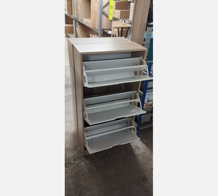 Meuble à chaussures blanc et chêne, 3 portes.