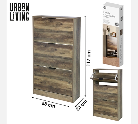 Meuble à chaussures teinte noyer, 3 portes.