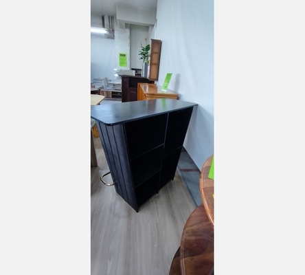 Meuble bar en tissu gris anthracite et plateau imitation bois noir.