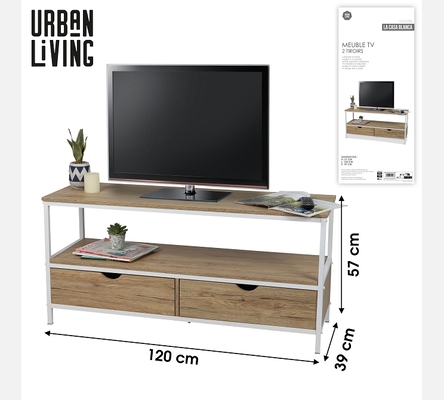 Meuble TV Casa Blanca, 2 tiroirs, teinte bois et métal blanc.