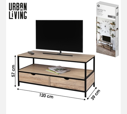 Meuble TV Loft, 2 tiroirs, teinte bois et métal noir.