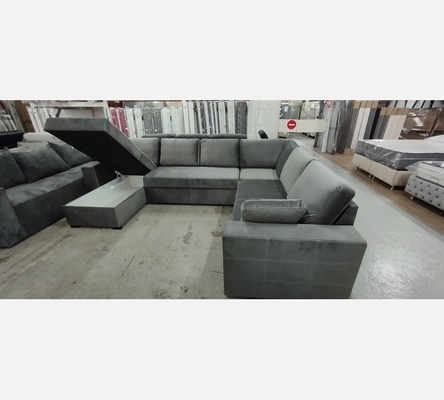 MG.OpéAnt Canapé panoramique Atos, velours, gris, convertible, réversible,coffre