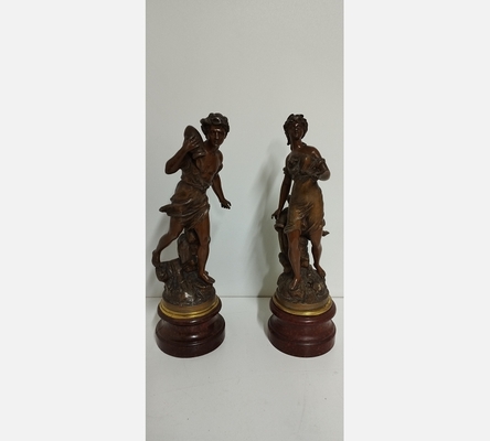 Paire de sujets de la Grèce Antique en régule sur socle bois.