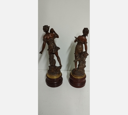 Paire de sujets de la Grèce Antique en régule sur socle bois.