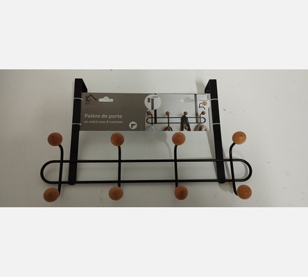 Patère de porte en métal noir, 8 boules bois.