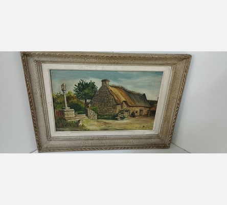 Peinture à l'huile maison au toit de chaume.