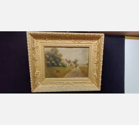 Peinture à l'huile sur toile antique rustique dans un cadre en bois.